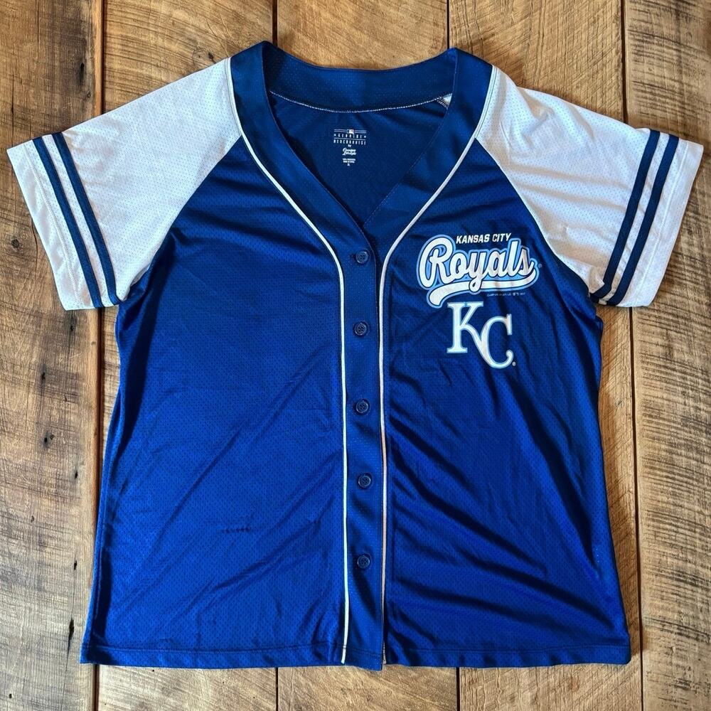 KC ROYALS Women’s Baseball Style Mesh Button Down Tee Blue White — SIZE XL